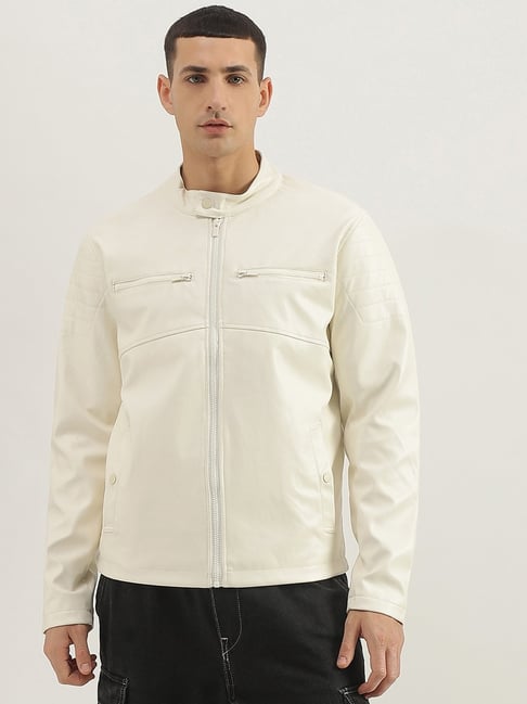 United Colors of Benetton White Regular fit Solid Biker Jackets