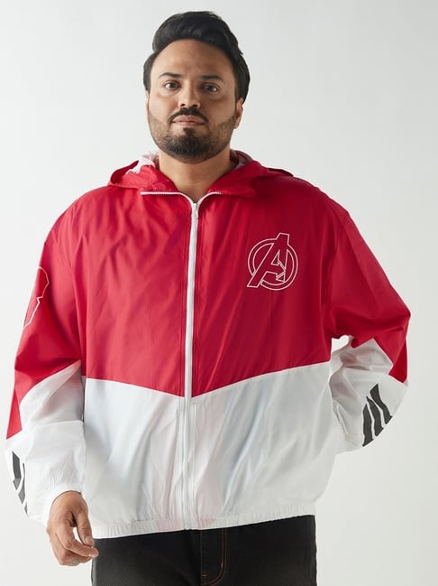 Bewakoof Men's White Red Graphic Printed Oversized Plus Size Windcheater  Jacket