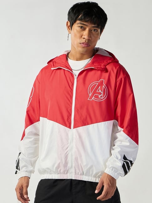 Bewakoof Men's White Red Graphic Printed Oversized Windcheater Jacket