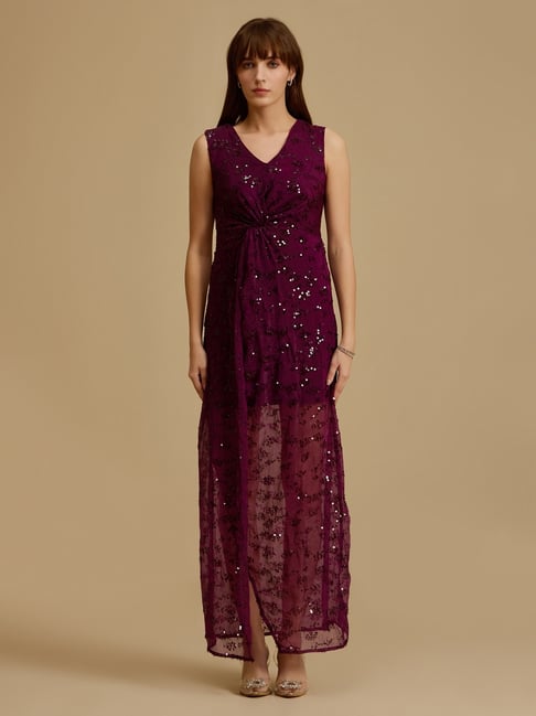 Kazo Wine Embellished Maxi Dress