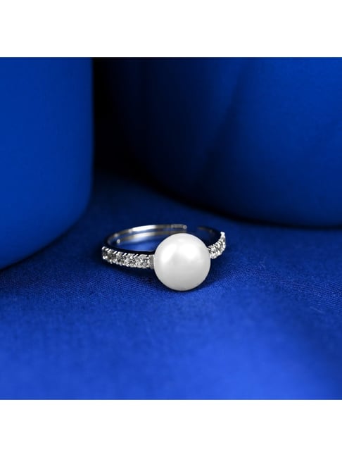 Clara 925 Silver Platinum Plated Swiss Zircon Amore Real Pearl Adjustable Finger Ring for Women-picture-23