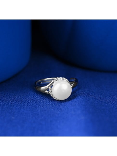 Clara 925 Silver Platinum Plated Swiss Zircon Nera Real Pearl Adjustable Finger Ring for Women-picture-25