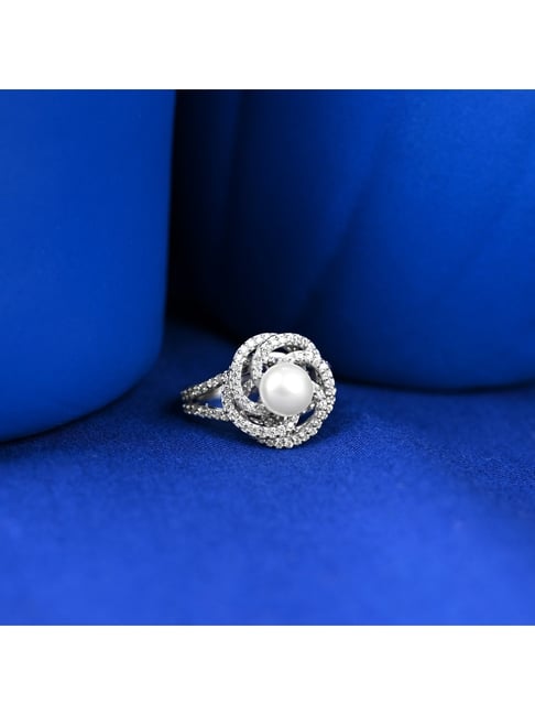 Clara 925 Silver Platinum Plated Swiss Zircon Capree Real Pearl Adjustable Finger Ring for Women-picture-19