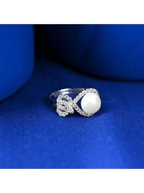 Clara 925 Silver Platinum Plated Swiss Zircon Orsa Real Pearl Adjustable Finger Ring for Women-picture-18