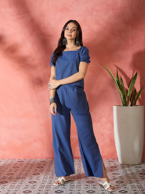 Inweave Blue Cotton Regular Fit Stripes Coord Set