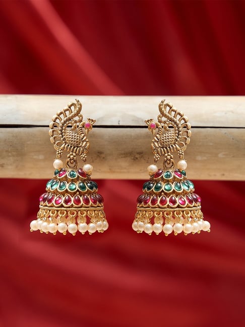 Fida Gold Peacock Multi Stone Temple Jhumki Earrings