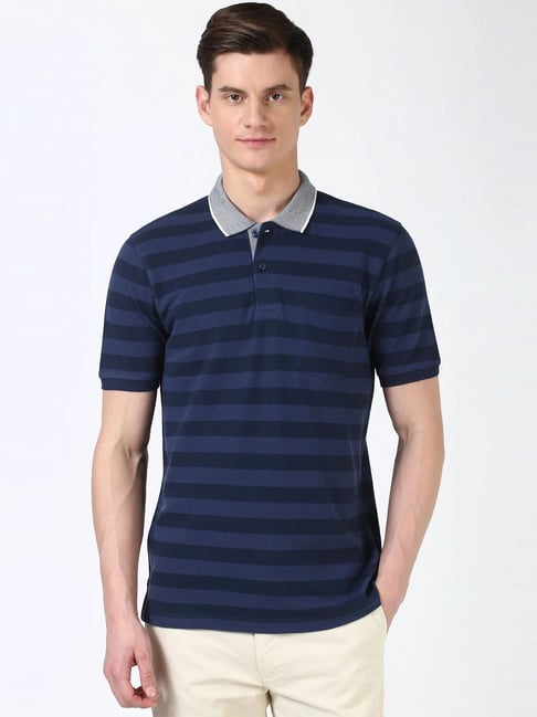 Peter England Navy Regular Fit Striped Polo T-Shirt