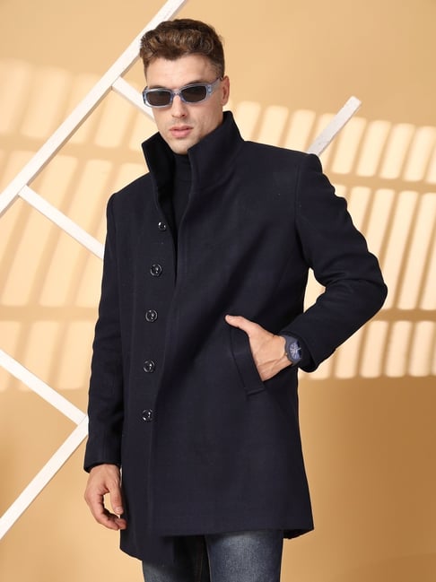 Chkokko Navy Blue Relaxed Fit Solid Coats