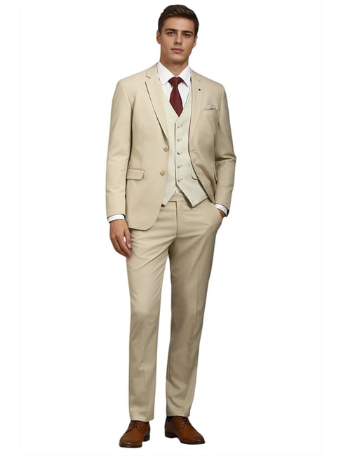 Louis Philippe Beige Slim fit Solid Formal Suits