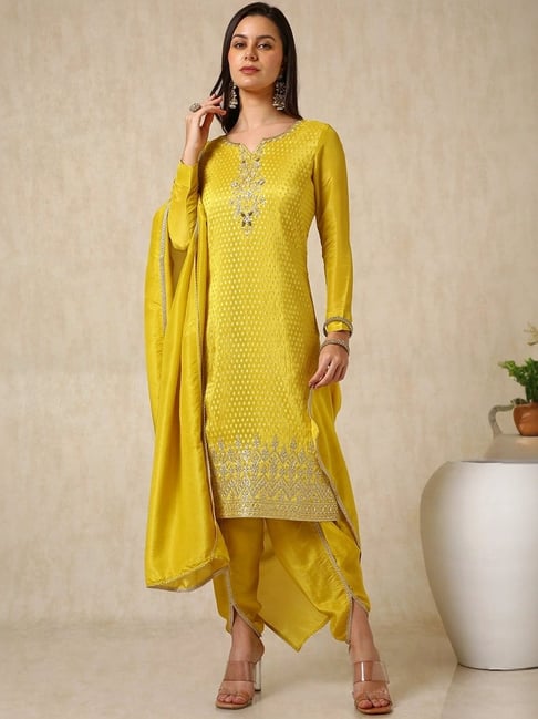 Buy Soch Yellow Embroidered Kurta Dhoti Pant Set With Dupatta For