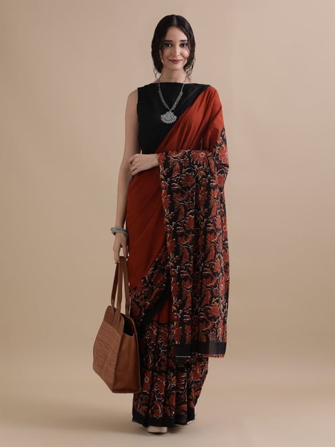 Jaipur Kurti Rust Mulmul Cotton Regular Fit Print Saree-picture-38
