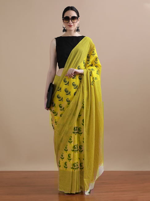 Jaipur Kurti Yellow Mulmul Cotton Regular Fit Print Saree-picture-39