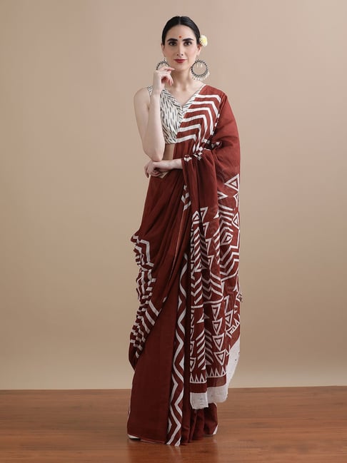 Jaipur Kurti Brown Mulmul Cotton Regular Fit Print Saree-picture-35