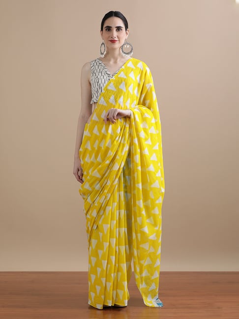 Jaipur Kurti Yellow Mulmul Cotton Regular Fit Print Saree-picture-34