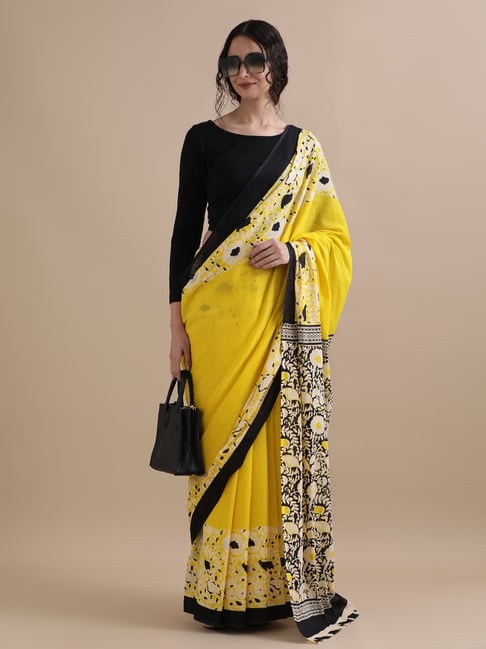 Jaipur Kurti Yellow Mulmul Cotton Regular Fit Print Saree-picture-30