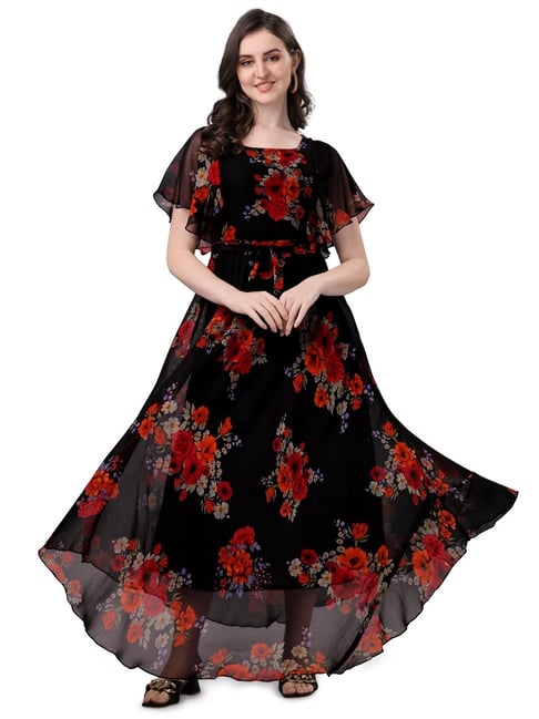 Fashion2wear Black Floral Short sleeves Maxi Dress