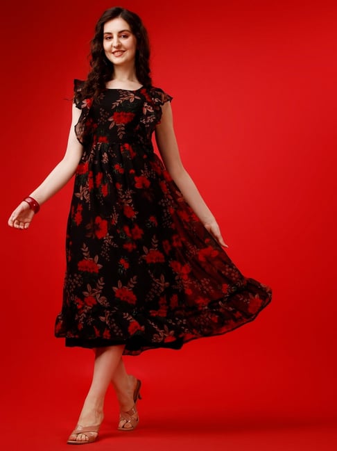Fashion2wear Black Floral Sleeveless Midi Dress
