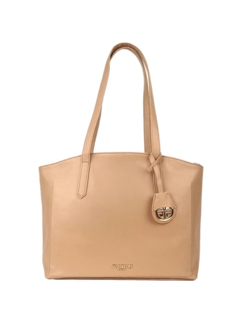 Carlton London Beige Solid Medium Tote Handbag