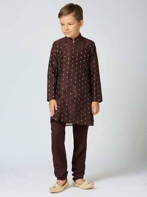 Kids Island Boys Brown Cotton Silk Zari Kurta Sets