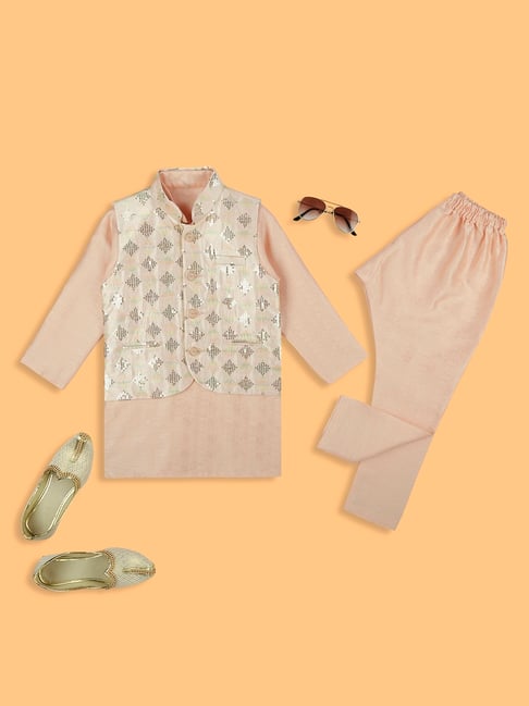 Kids Island Boys Peach Sequence Kurta Sets with Jacket