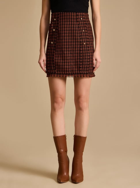 Kazo Brown Self Design Tweed Skirt