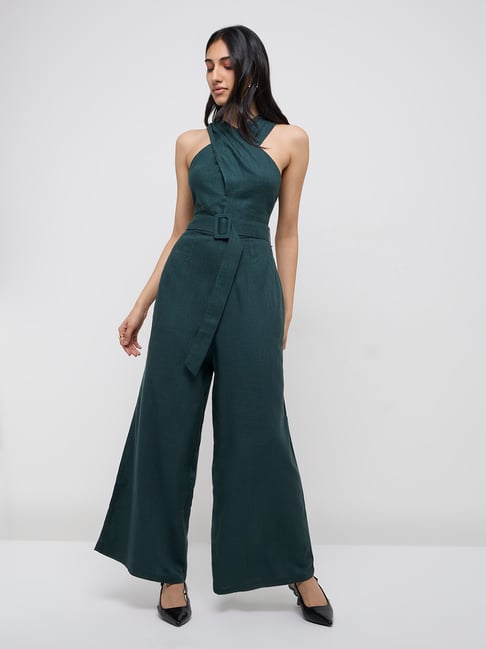 LOV by Westside Dark Green Solid Jumpsuit with Belt