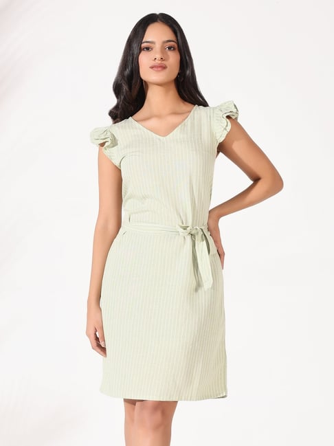 showoffff SHOWOFF Green Stripes Short Sleeves A Line Dress-picture-38