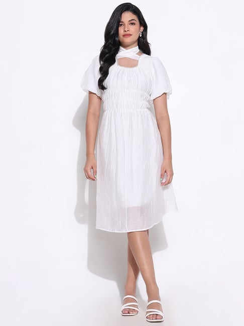 showoffff SHOWOFF Off White Cotton Solid Short Sleeves Fit & Flare Dress-picture-46