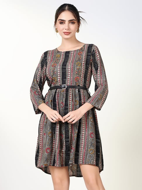 showoffff SHOWOFF Black Cotton Printed 3/4th sleeve Dress With Belt-picture-39