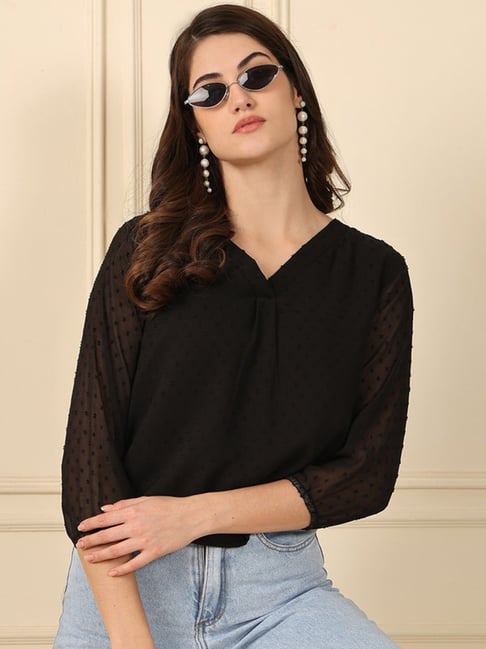 NEUDIS Black Chiffon Self Design Regular Fit Top