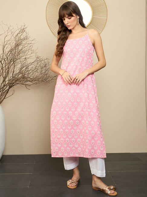 Indo Era Pink Cotton Printed Straight Kurta-image-29