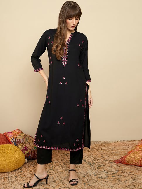 Indo Era Black Embroidered Straight Kurta-picture-37