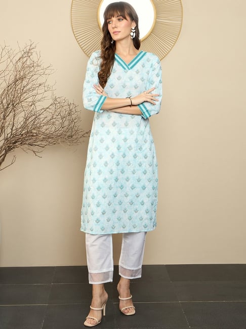 Indo Era Blue Cotton Printed Straight Kurta-picture-10