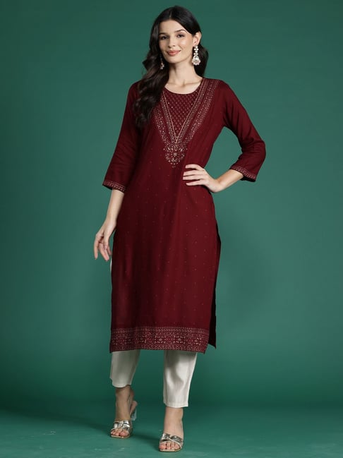 Indo Era Maroon Printed Straight Kurta-image-14