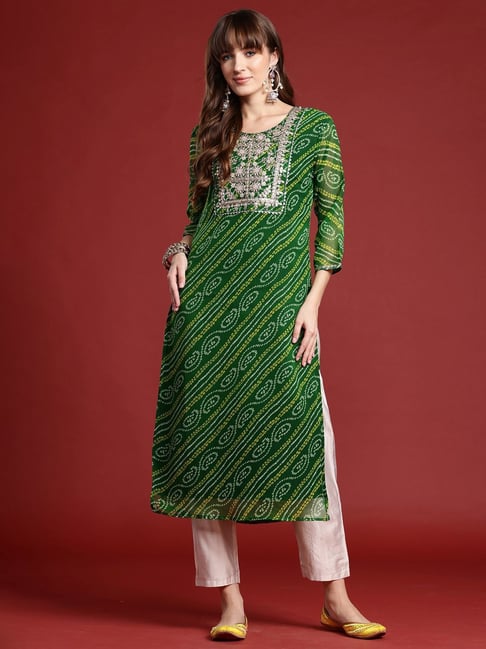 Indo Era Green Embellished Straight Kurta