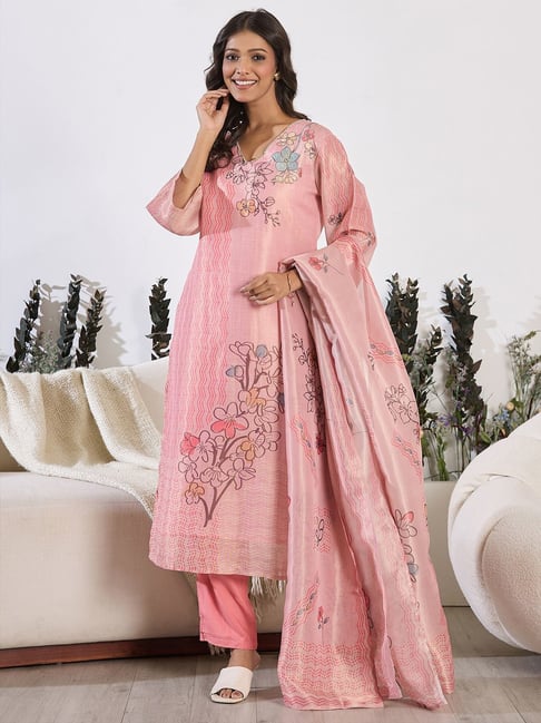 Indo Era Pink Printed Kurta Pants Set With Dupatta-image-8