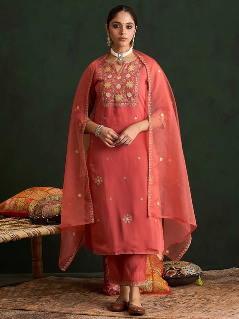Indo Era Orange Embroidered Kurta Pants Set With Dupatta-image-9