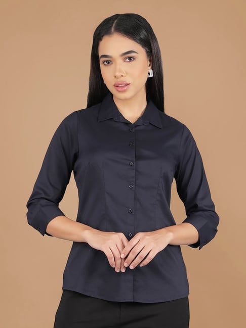 Crimsoune Club Navy Blue Blended Regular Fit Solid Shirt-picture-37