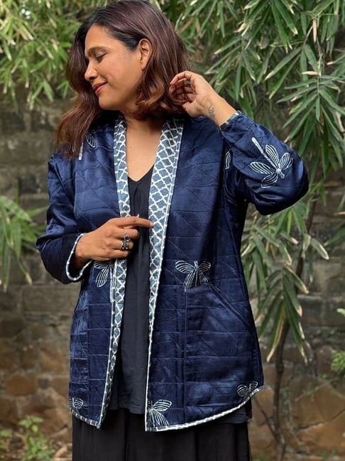 Chidiyaa Blue Sardi Ki Dhoop Dragonfly Mashru Silk Reversible Jacket