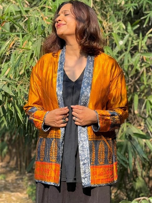 Mashru Silk Silk Jackets For Ladies Chidiyaa Mustard Grey Sardi Ki