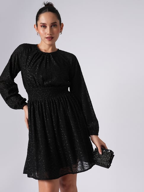 Globus Black Self Full Sleeves Fit & Flare Dress-picture-29