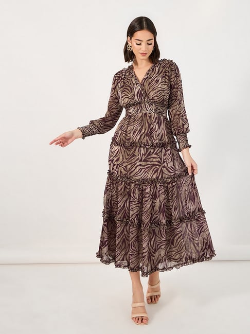 Styli Brown Animal Print Tiered Dress
