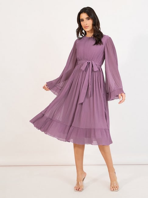 Styli Purple Pleated A-Line Dress