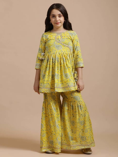 Jaipur Kurti Girls Yellow & Green Cotton Printed Suit Sets-picture-30
