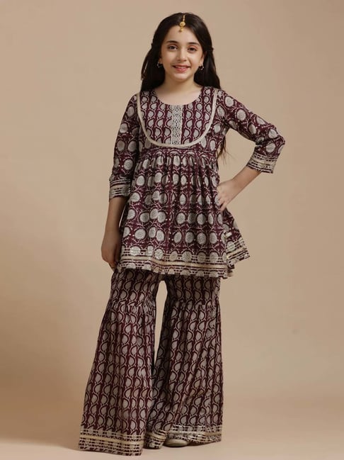 Jaipur Kurti Girls Wine Cotton Printed Suit Sets-picture-41