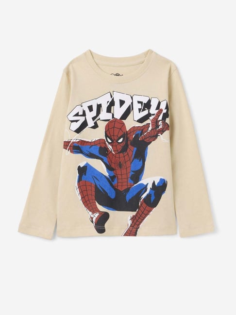 The Souled Store Boys Beige Cotton Character Based Full Sleeves Spiderman  T-Shirt