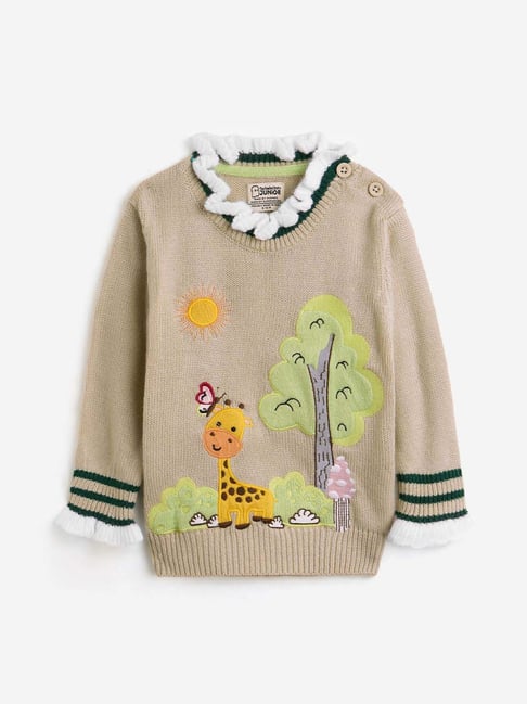 The Souled Store Infant Girls Beige & Green Character Based Full Sleeves Sweater