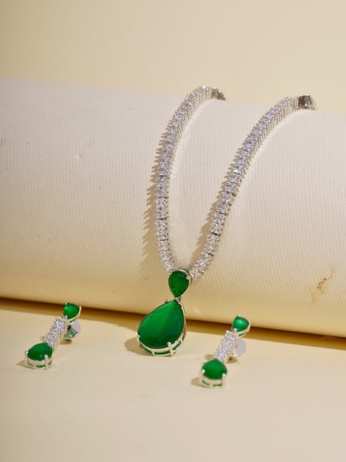 Curio Cottage Diamante Emerald Necklace Earrings Set for Women