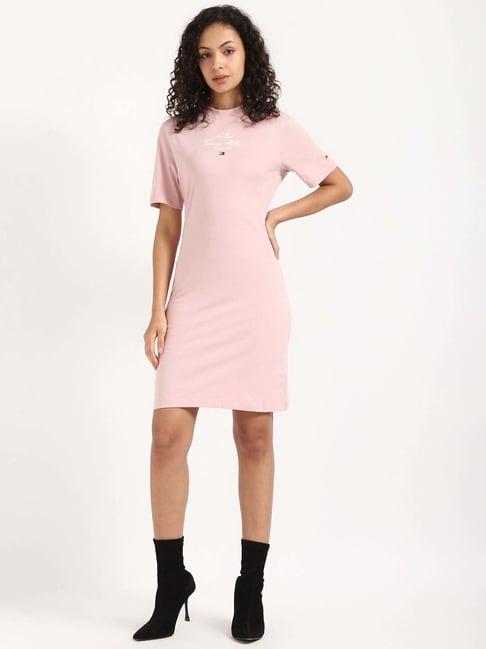 Tommy Hilfiger Pink Cotton Solid A-Line Dress