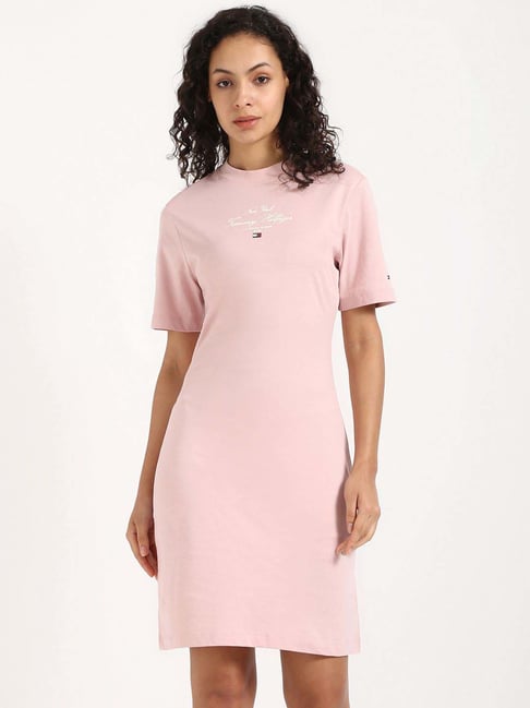 Tommy Hilfiger Pink Cotton Solid A-Line Dress